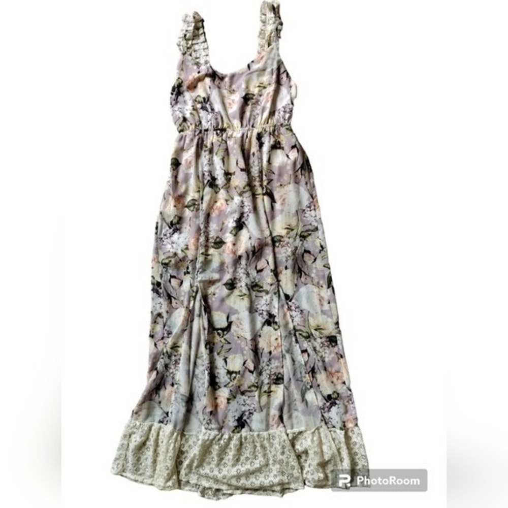 Humming Women's Bird Floral Maxi Dress Lace Bottom Trim Cream Light Purple Sz M